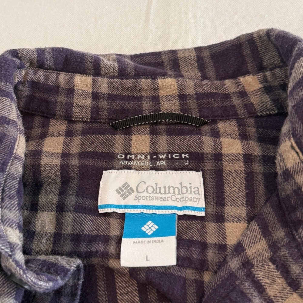 Columbia Omni-Wick Plaid Flannel Button Down Shirt Mens L Purple Tan - Picture 5 of 8